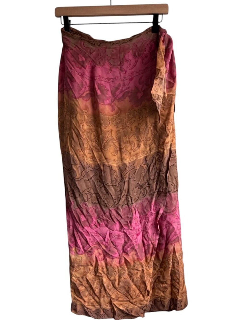 Vintage Silk Club 100% Silk Wrap Skirt Size 10 Pink Brown Boho Paisley Maxi